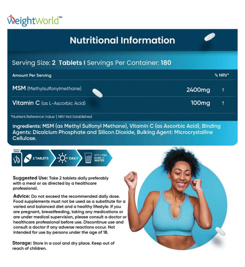 WeightWorld MSM Vitamin C 2400mg 360 tablets, imported from the UK