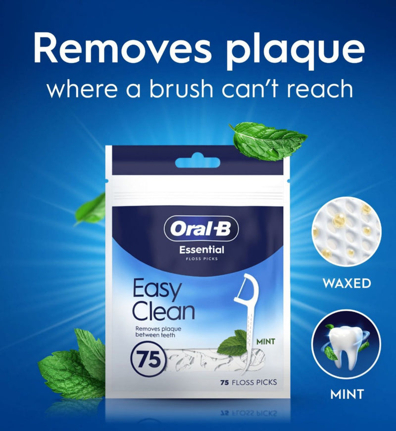 Oral-B simply clean floss picks mint flavour 75 count, imported from the UK