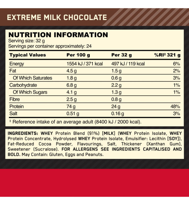 Optimum Nutrition whey protein extreme milk chocolate 768g, UK version