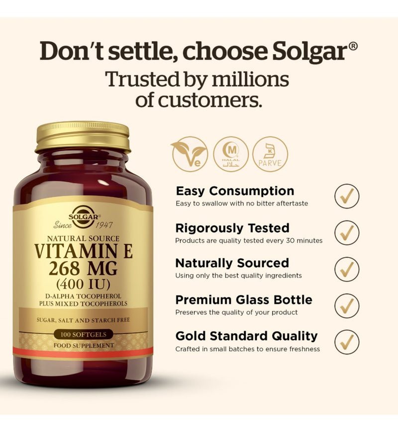 Solgar Vitamin E 400IU 268mg 100 softgels (British brand)