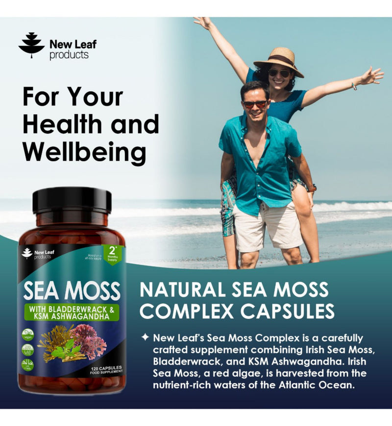 New Leaf sea moss complex with bladderwrack and ashwagandha 120 capsules, UK version