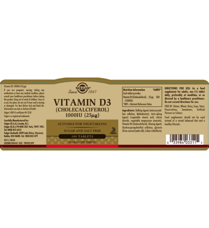 Solgar Vitamin D3 supplement 1000IU 180 tablets - British product