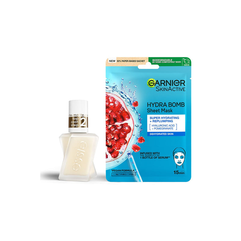 Essie matte top coat and Garnier sheet mask bundle, UK version