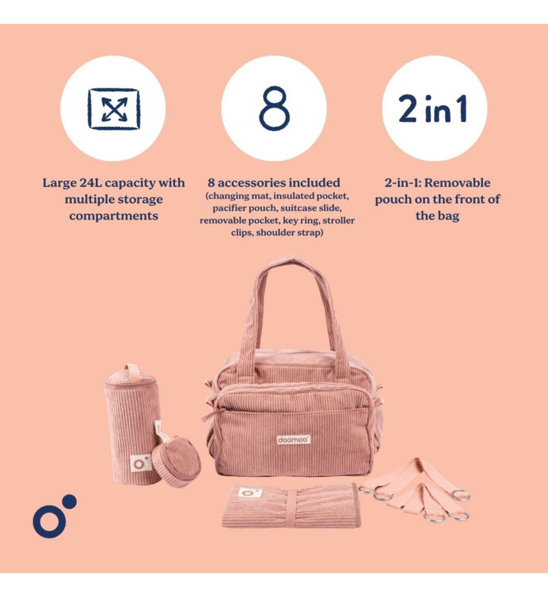 Doomoo 8 piece changing bag fluffy corduroy pink (British brand)