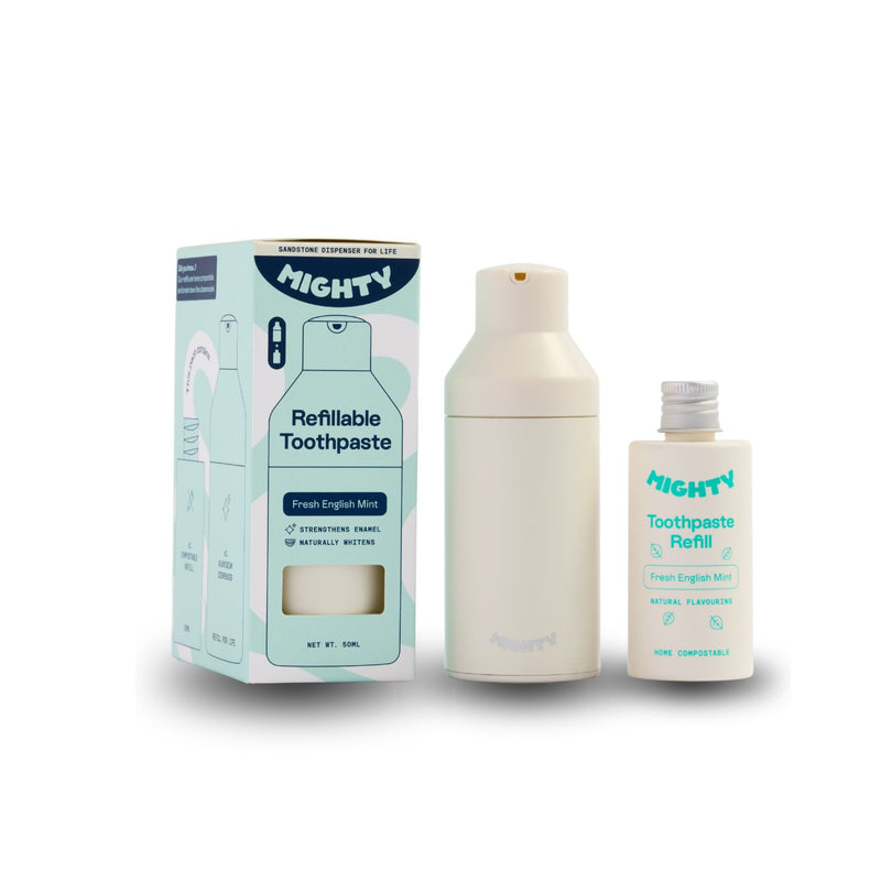 Mighty Sandstone toothpaste dispenser with English Mint refill 50ml (British brand)