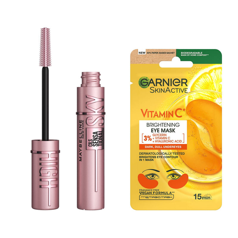 Maybelline Sky High brown mascara and Garnier Vitamin C eye mask bundle (British brand)