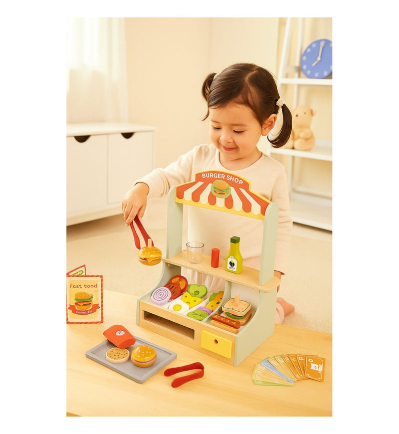 Tooky Toy wooden burger shop playset (British brand)