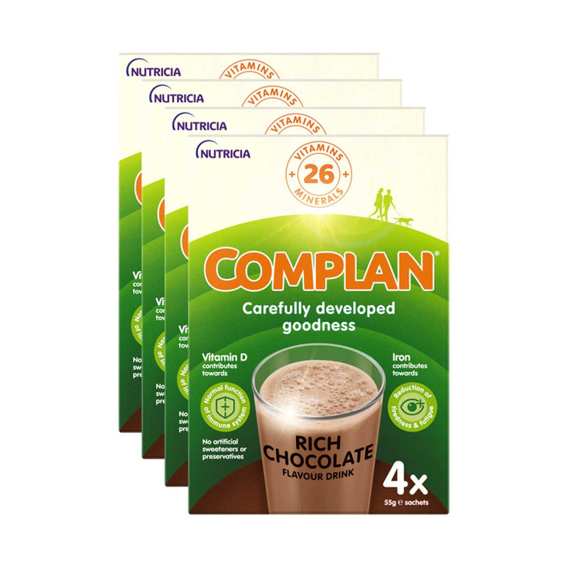 Complan chocolate nutritional drink 4 pack sachets, imported from the UK