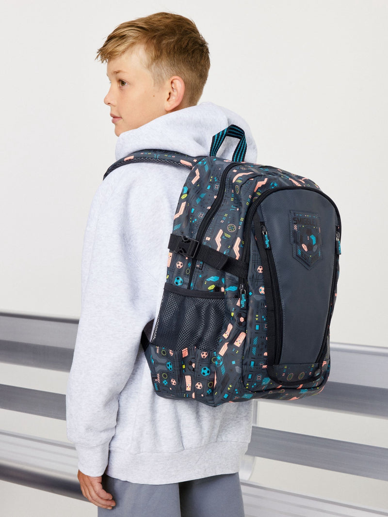 Smiggle grey power play backpack classic football print (British brand)