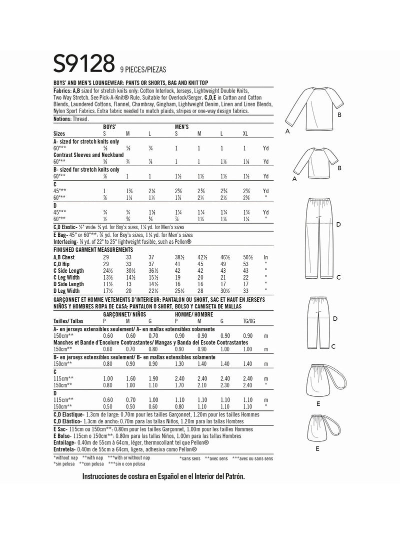 Simplicity sewing pattern for boys' and men's loungewear and bag - British product