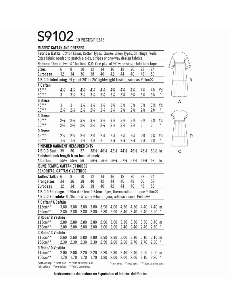 Simplicity caftan and dresses sewing pattern S9102 - British product