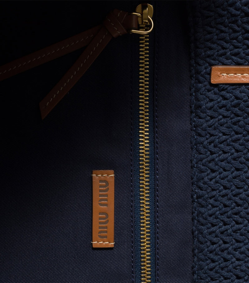 Miu Miu woven raffia-effect tote bag with logo (British brand)