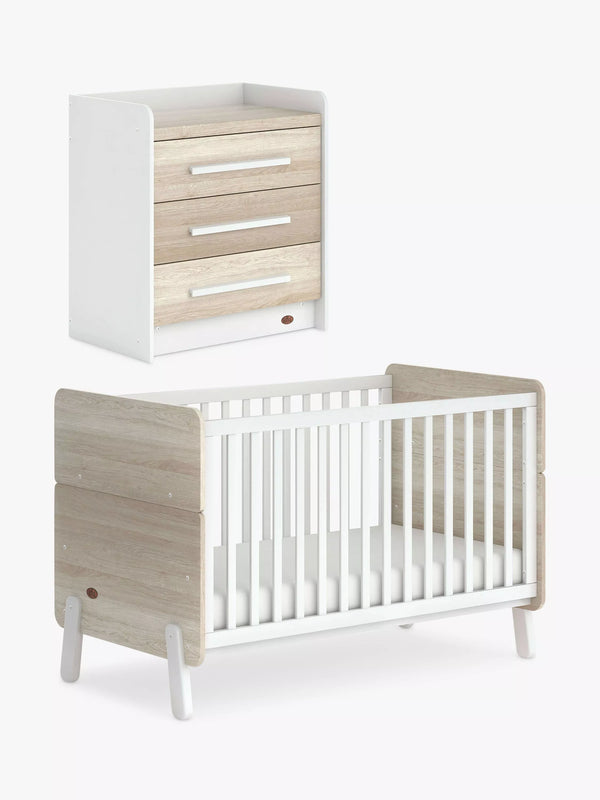 Convertible Cot Bed with Mattress and 3-Drawer Chest, White and Oak Finish