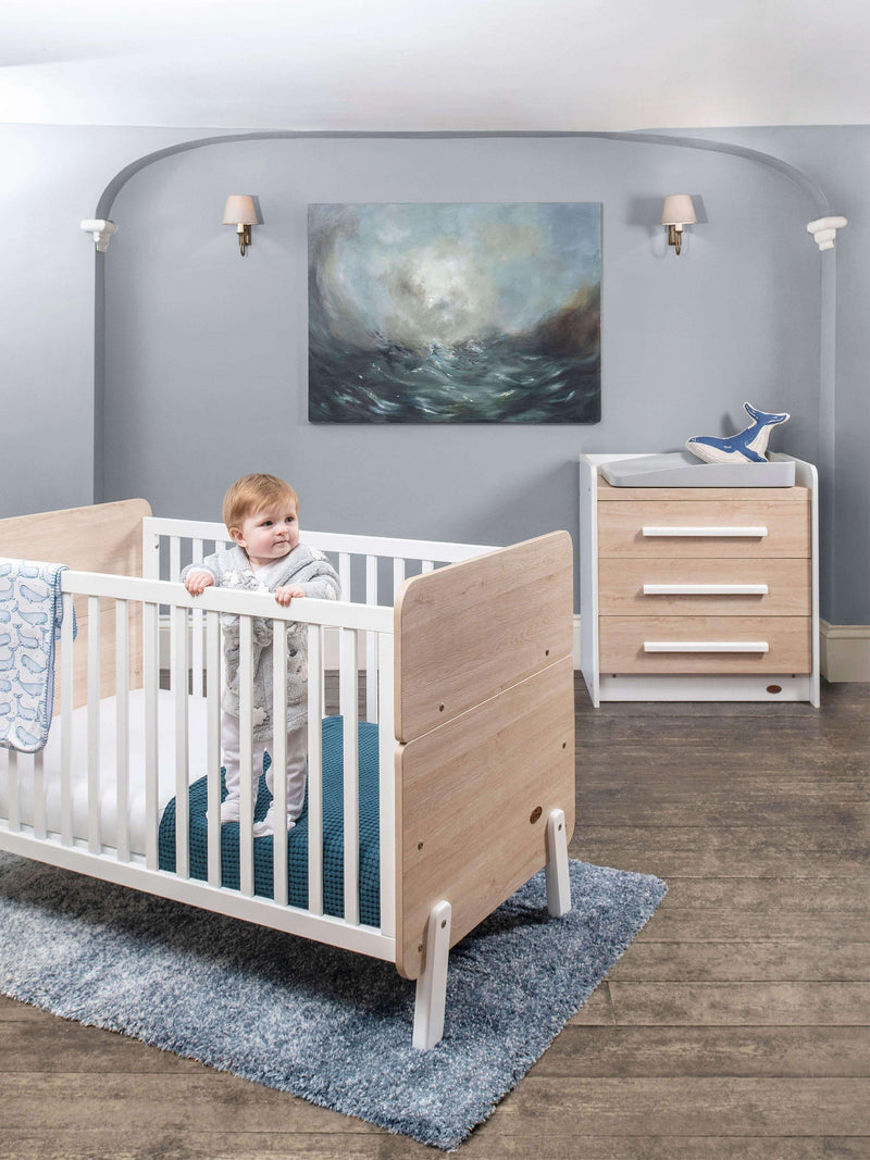 Boori white and oak cot bed set with mattress and chest - British product