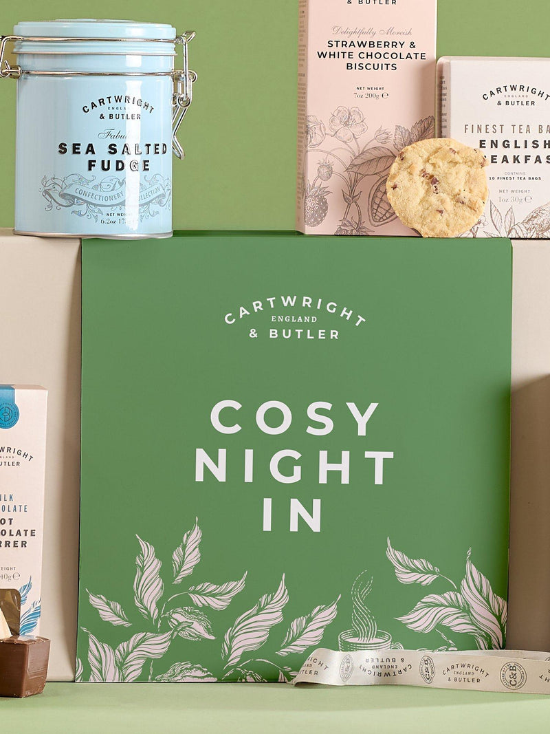 Cartwright & Butler Cosy Night In Gift Box with assorted biscuits, fudge, and tea - British product
