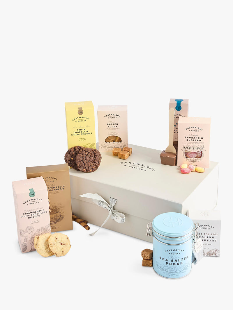 Cartwright & Butler Cosy Night In Gift Box with assorted biscuits, fudge, and tea - British product