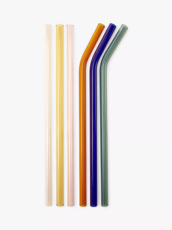 Multicolour Glass Straws Set of 6 with Curved and Straight Straws