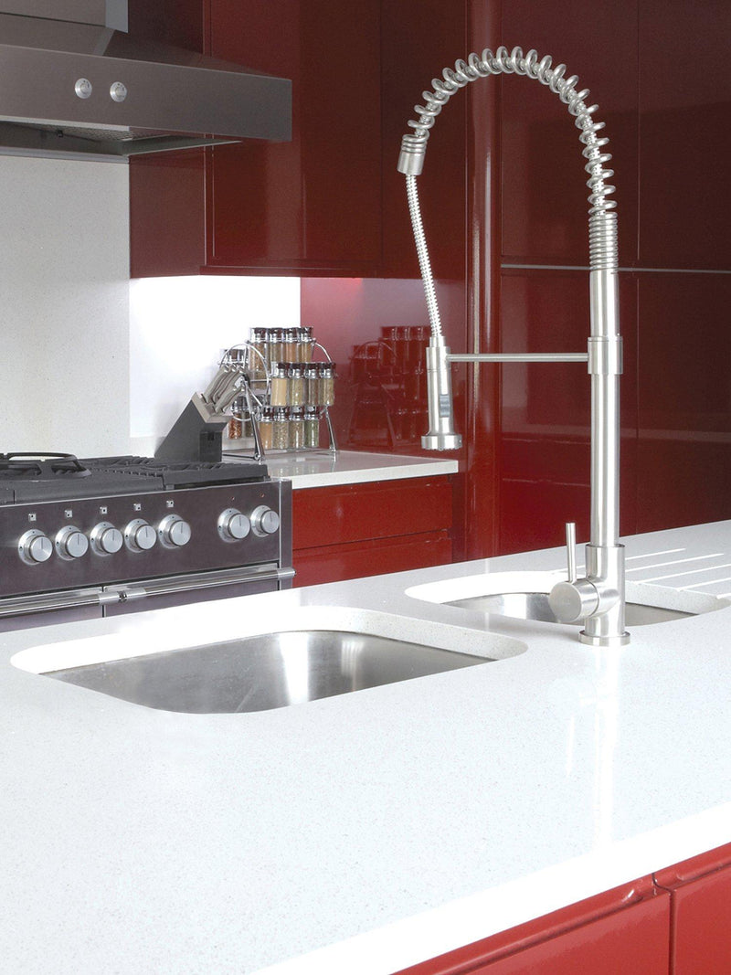 Abode stainless steel kitchen tap with single lever and pull-around head, 670mm high - British product