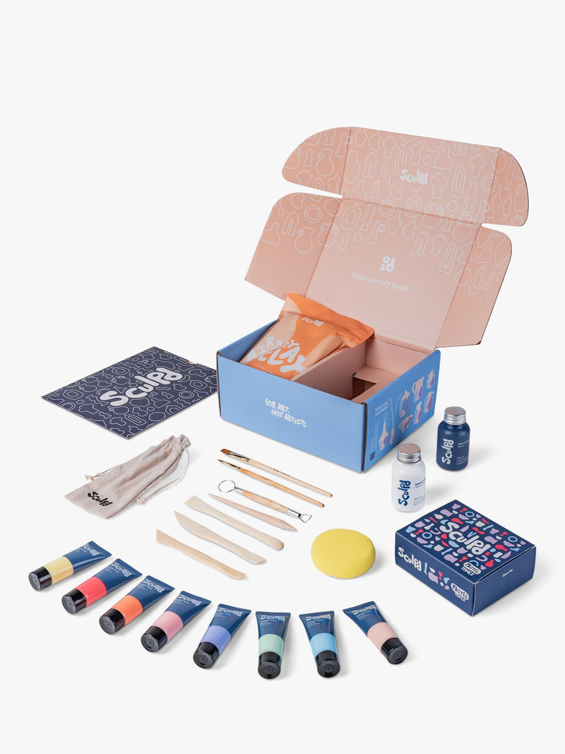 Sculpd pottery starter bundle with gloss varnish and pastel paint set, UK version
