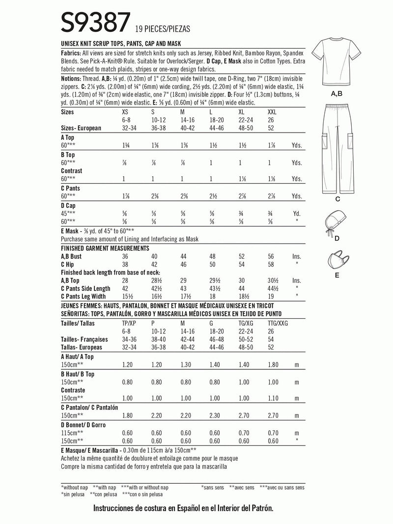 Simplicity sewing pattern unisex knit scrubs set S9387, UK version
