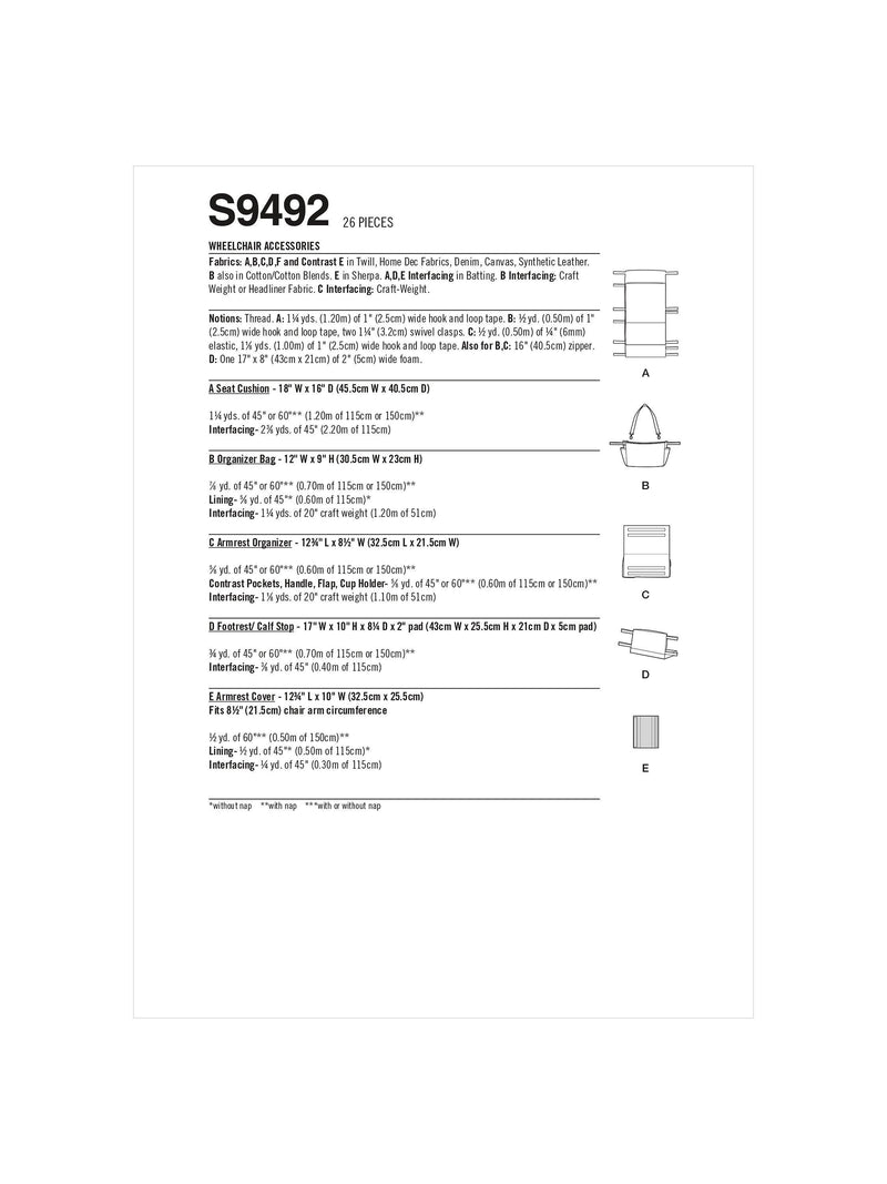 Simplicity sewing pattern for wheelchair accessories S9492 (British brand)