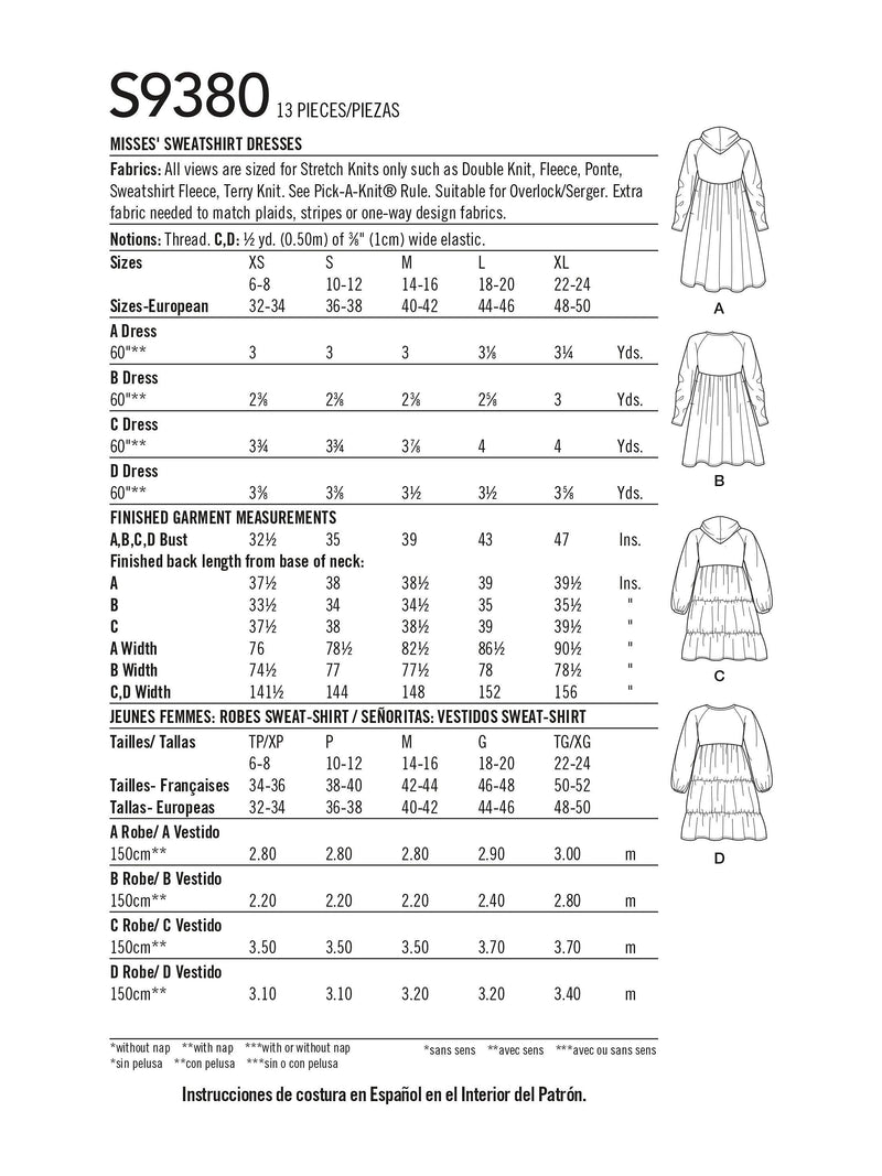 Simplicity sewing pattern S9380 sweatshirt dress, imported from the UK
