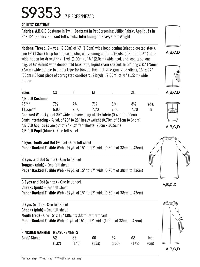 Simplicity Tube People costume sewing pattern XS-XL (British brand)
