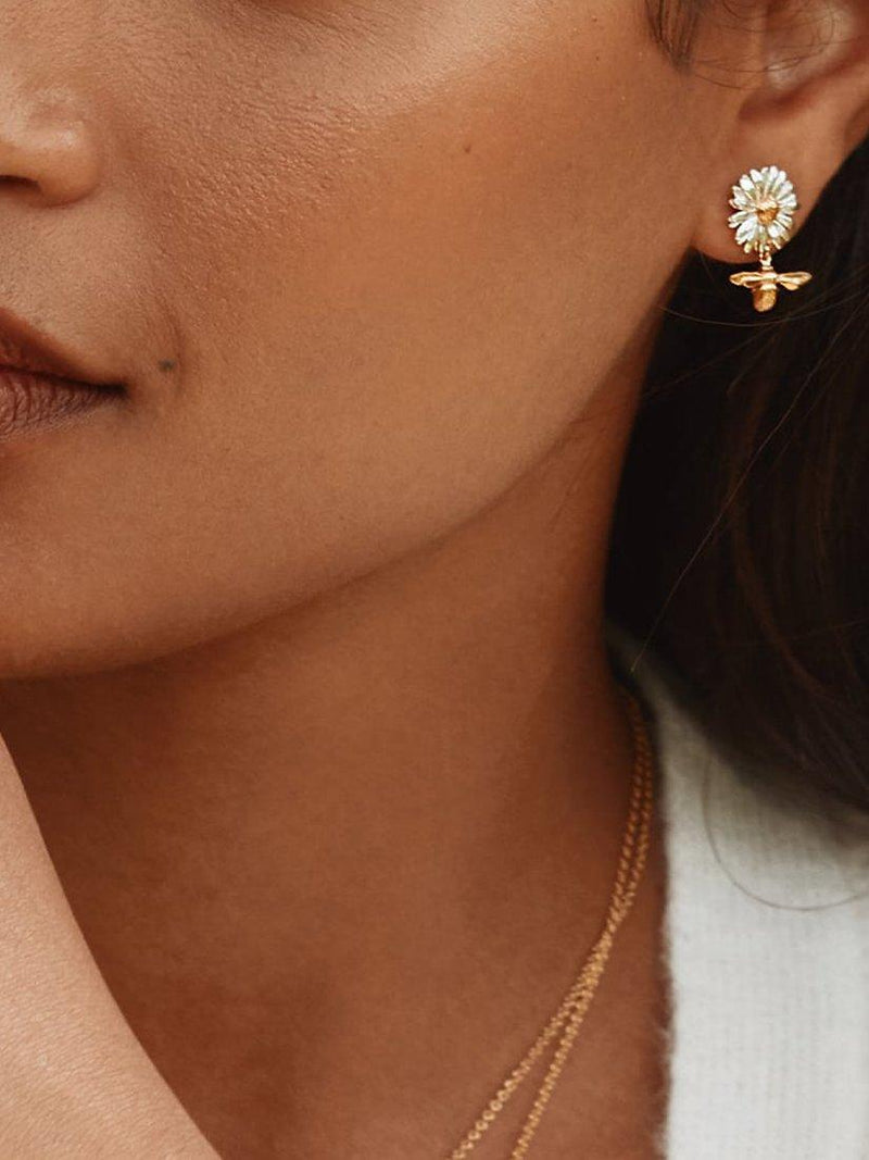 Alex Monroe drop earrings daisy and baby bee design, imported from the UK