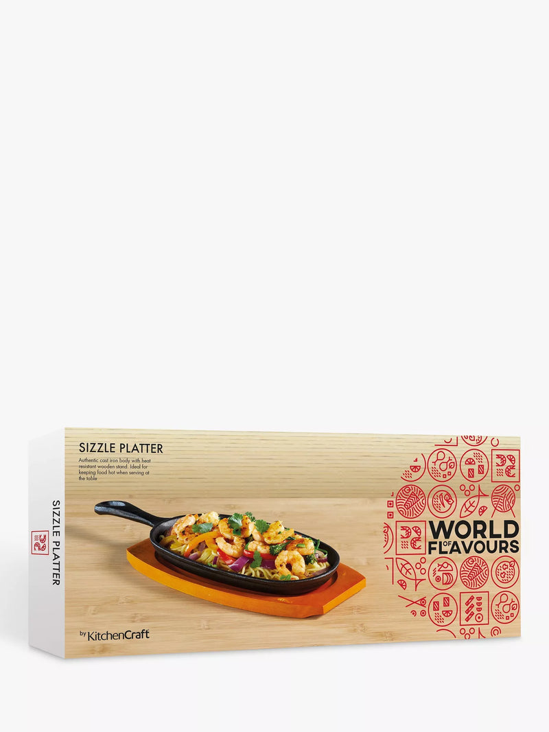 Kitchen Craft cast iron Oriental sizzler with wood platter 33cm (British brand)