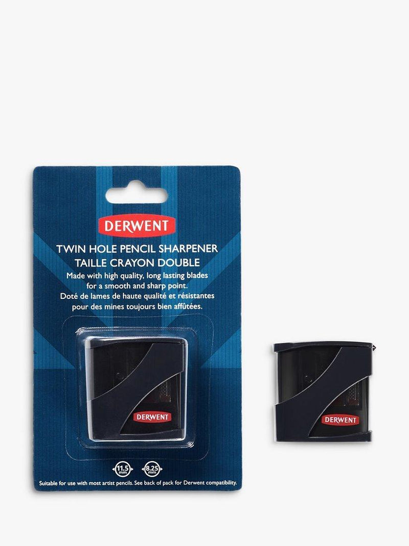 Derwent twin hole pencil sharpener, recyclable plastic and stainless steel - British product