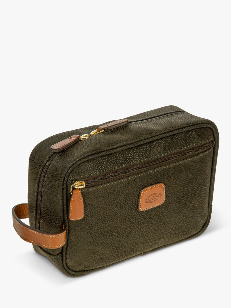 Bric's Life wash bag with suede effect synthetic material and leather finishes - British product