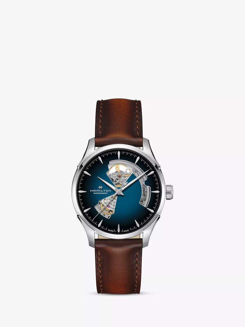 Hamilton men's automatic open heart watch with leather strap in brown and blue, UK version