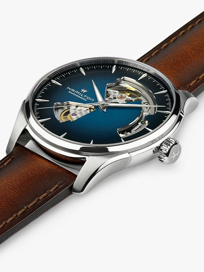 Hamilton men's automatic open heart watch with leather strap in brown and blue, UK version