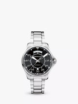 John Lewis Hamilton Men's Khaki Aviation Pilot Day Date Automatic Bracelet Watch, Black Dial, Silver Strap, 42mm- Buy online at McGrocer