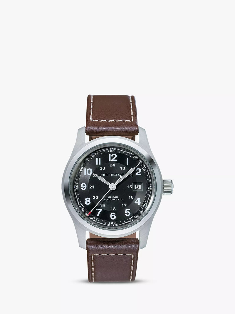 Hamilton Khaki Field automatic watch black dial brown leather strap 42mm, imported from the UK