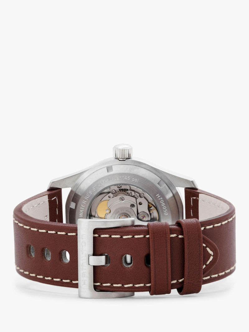 Hamilton Khaki Field automatic watch black dial brown leather strap 42mm, imported from the UK