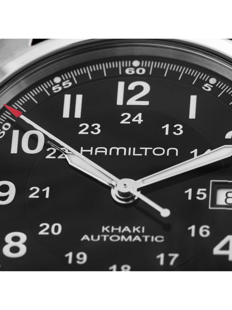 Hamilton Khaki Field automatic watch black dial brown leather strap 42mm, imported from the UK