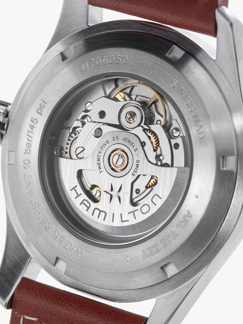 Hamilton Khaki Field automatic watch black dial brown leather strap 42mm, imported from the UK
