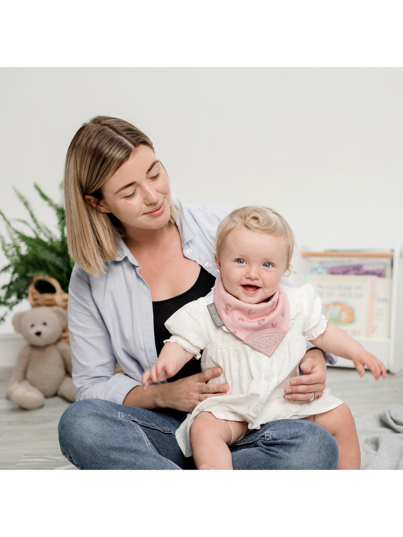 Cheeky Chompers Neckerchew baby teething dribble bib in Rainbow Rose - British product