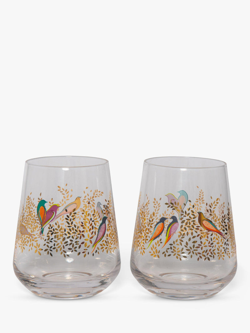 Sara Miller Birds pattern glass tumblers set of two 410ml clear and multi (British brand)