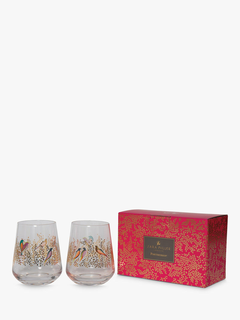 Sara Miller Birds pattern glass tumblers set of two 410ml clear and multi (British brand)