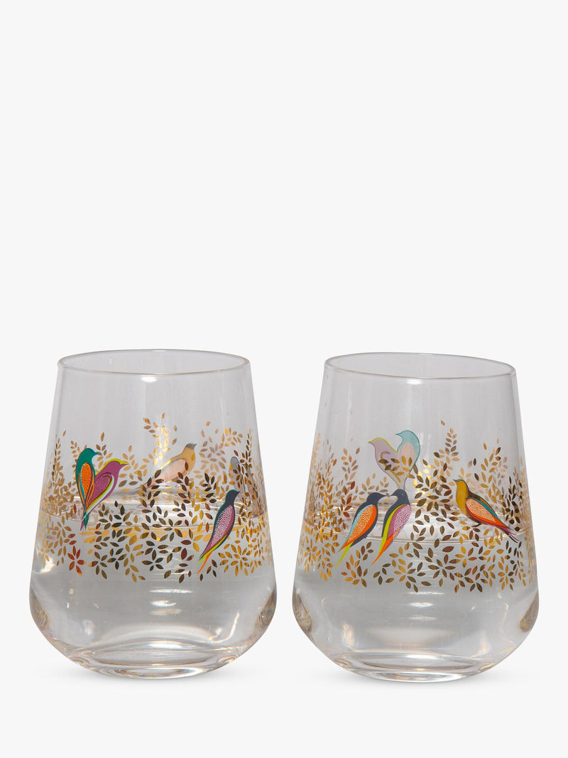 Sara Miller Birds pattern glass tumblers set of two 410ml clear and multi (British brand)