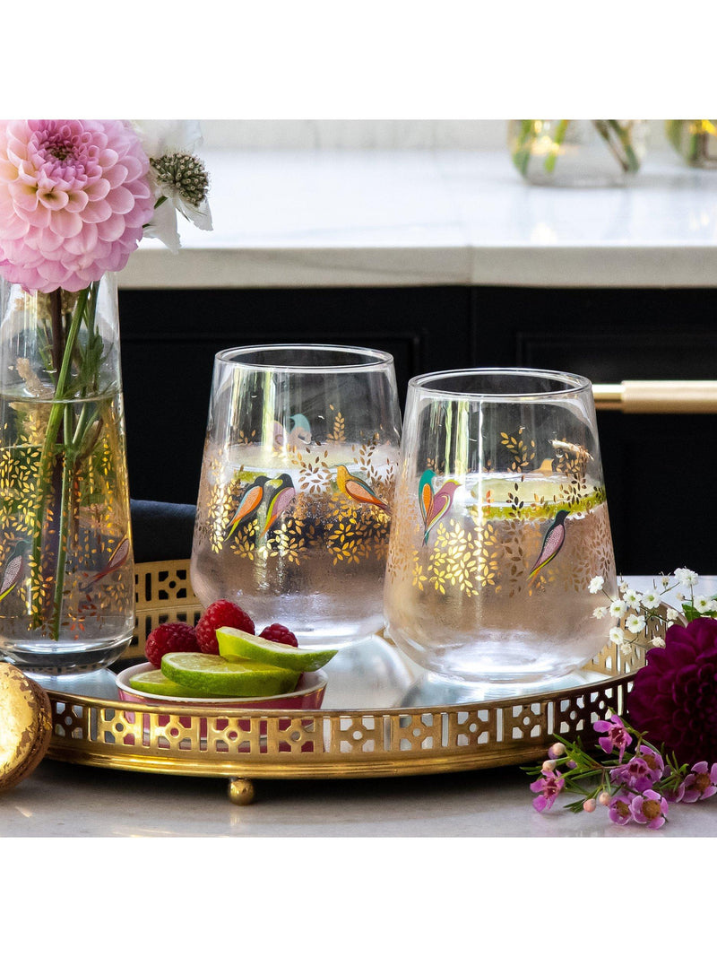 Sara Miller Birds pattern glass tumblers set of two 410ml clear and multi (British brand)