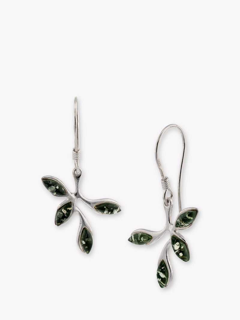 Be-Jewelled green Baltic amber leaf drop earrings, imported from the UK