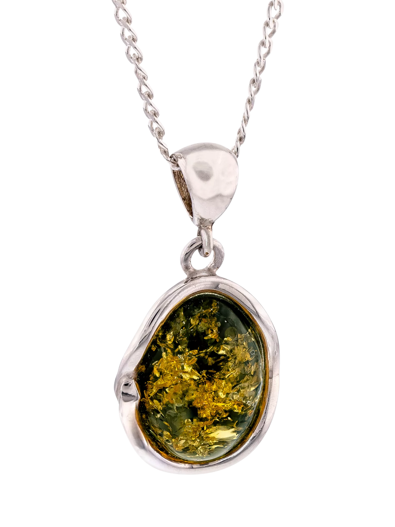 Be-Jewelled sterling silver Baltic amber oval pendant necklace green - British product