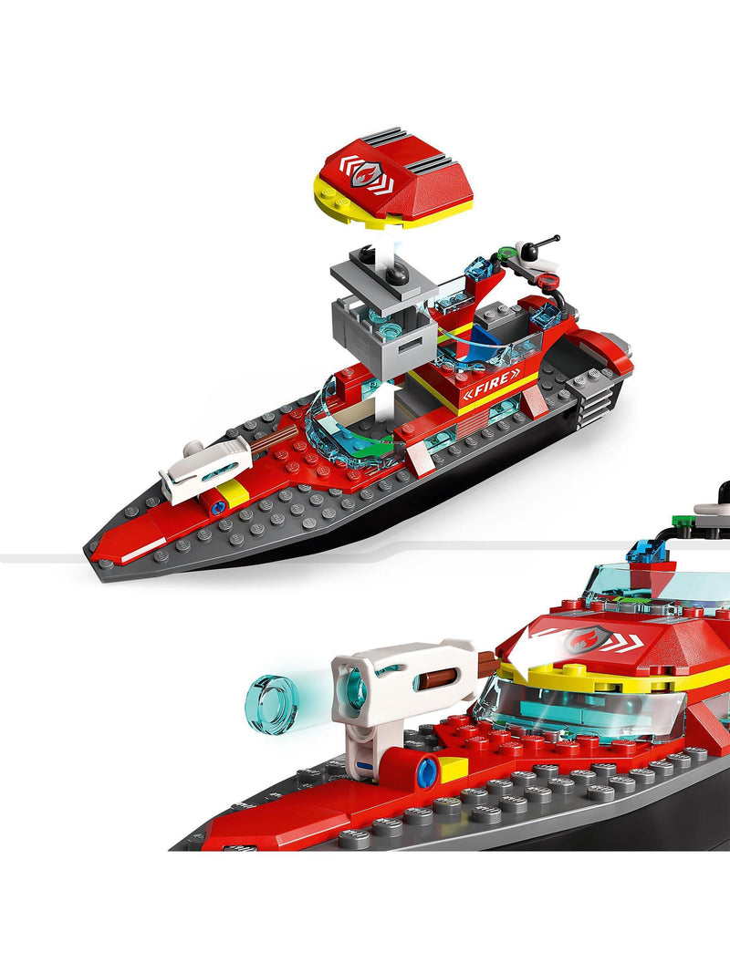 LEGO fire rescue boat toy set with minifigures, 144 pieces, UK version