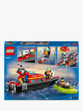 LEGO fire rescue boat toy set with minifigures, 144 pieces, UK version