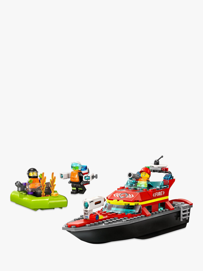 LEGO fire rescue boat toy set with minifigures, 144 pieces, UK version