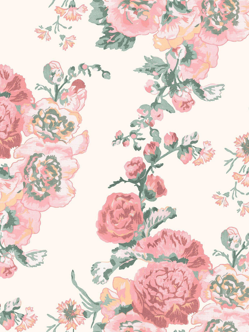 Rustic Hollyhocks Wallpaper with Pink and Natural Colour Palette