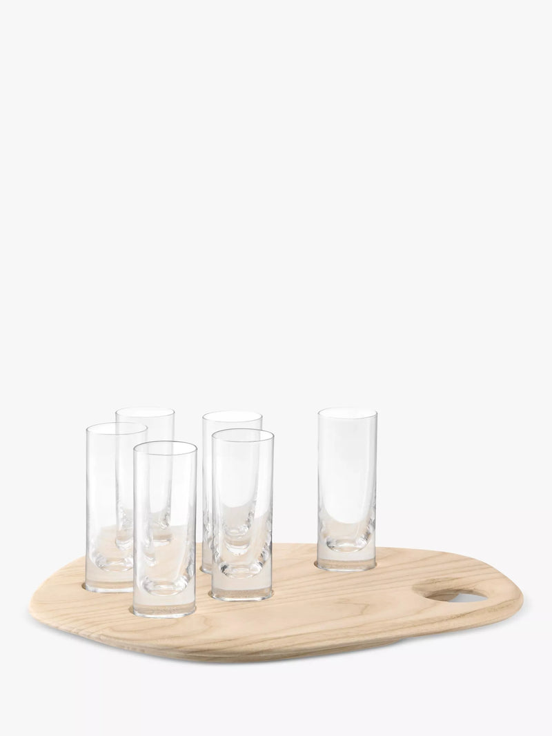 LSA International shot glasses on ash wood board, imported from the UK
